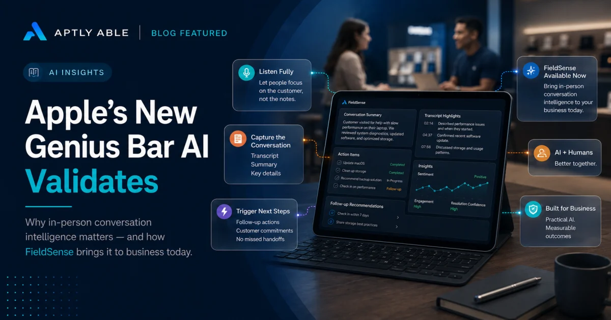 Split image showing an Apple Store Genius Bar conversation beside an AI assistant, illustrating in-person conversation intelligence.