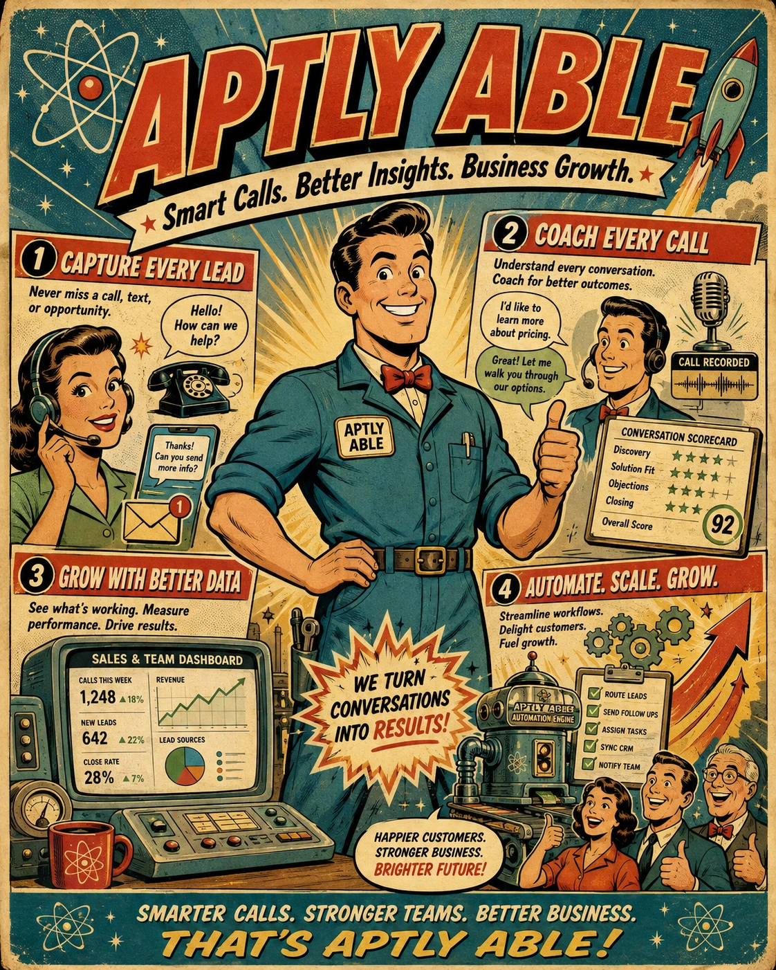 Original Aptly Able retro comic showing how the team captures every lead, coaches every call, grows with better data, and automates customer follow-up