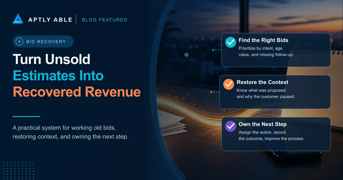 Aptly Able bid recovery graphic showing unsold estimate folders, an organized follow-up path, and three steps for recovering revenue