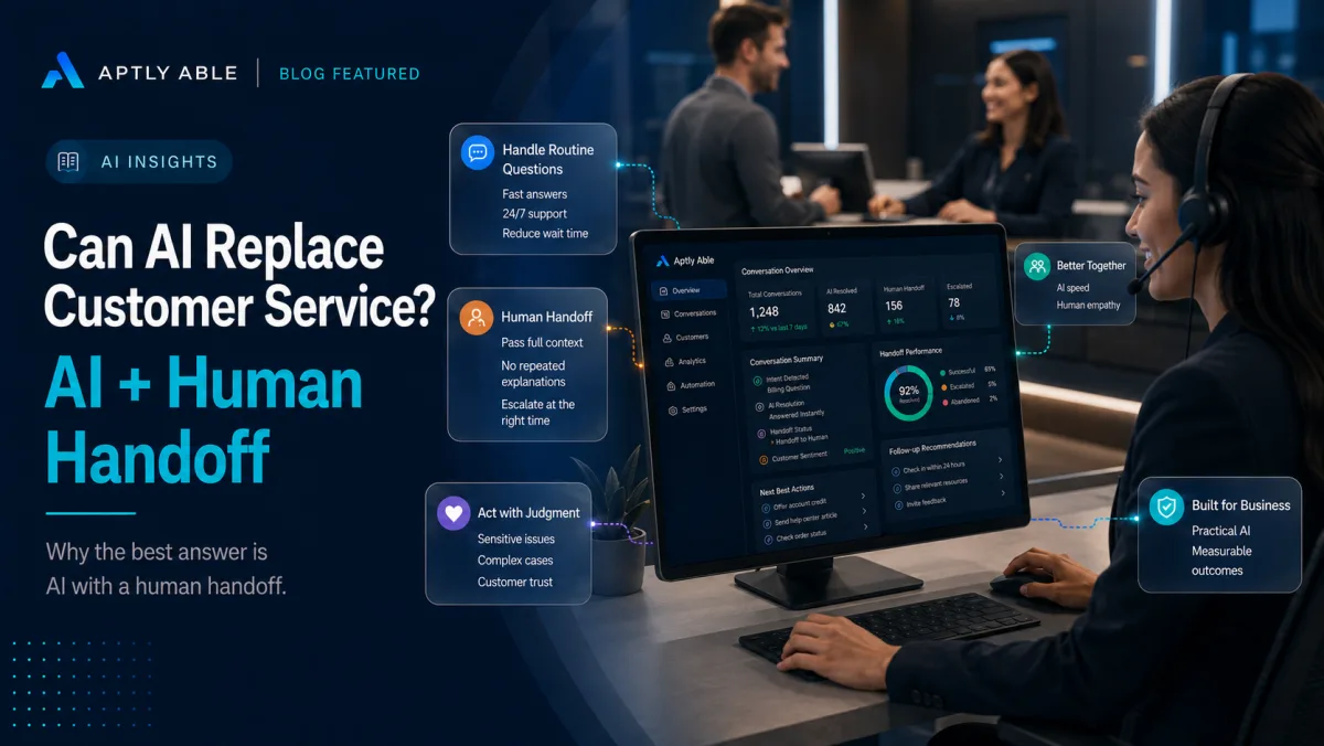 Human and AI customer service agents connected by a handoff arrow, showing automation working with human support